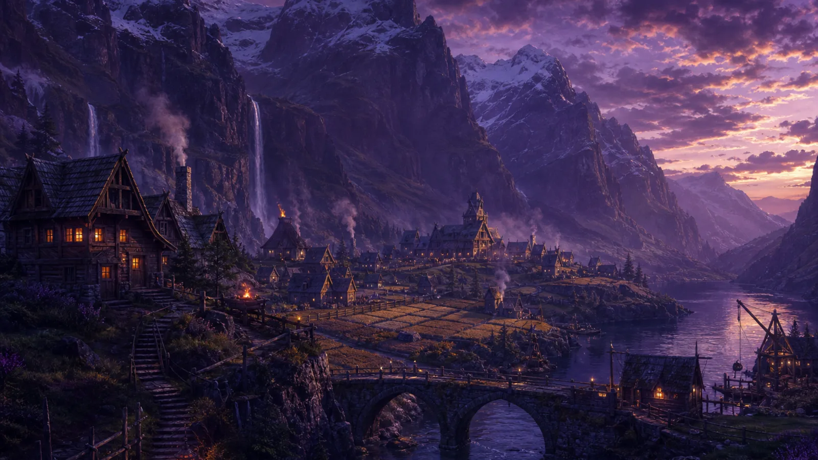 Original artwork of a mountain settlement glowing at violet dusk.