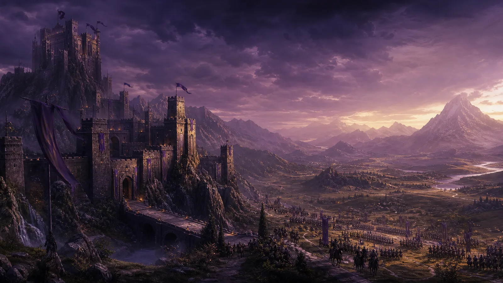 Original artwork of a mountain citadel overlooking a medieval campaign.