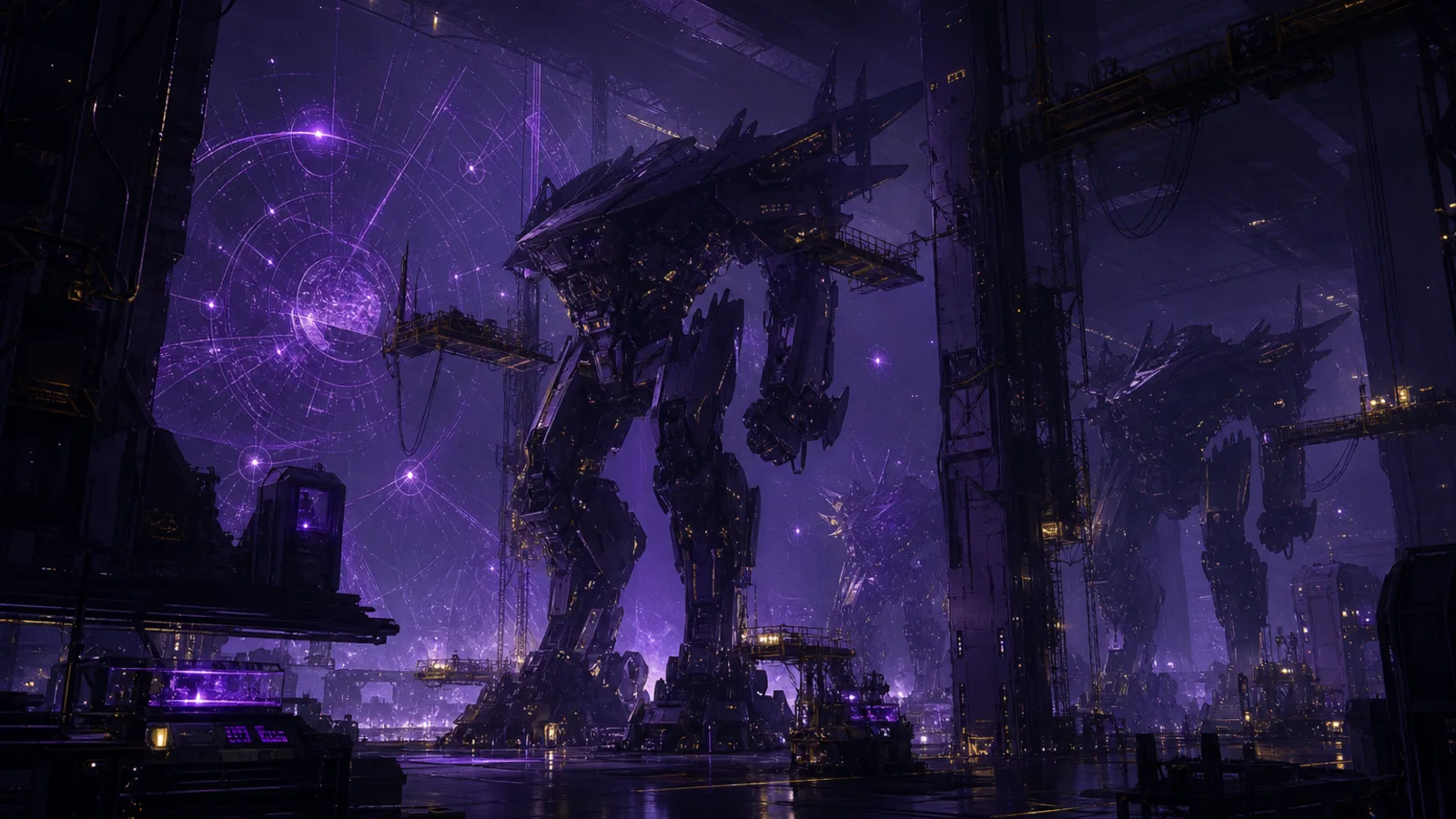 Original artwork of tactical battle machines inside a purple-lit command hangar.