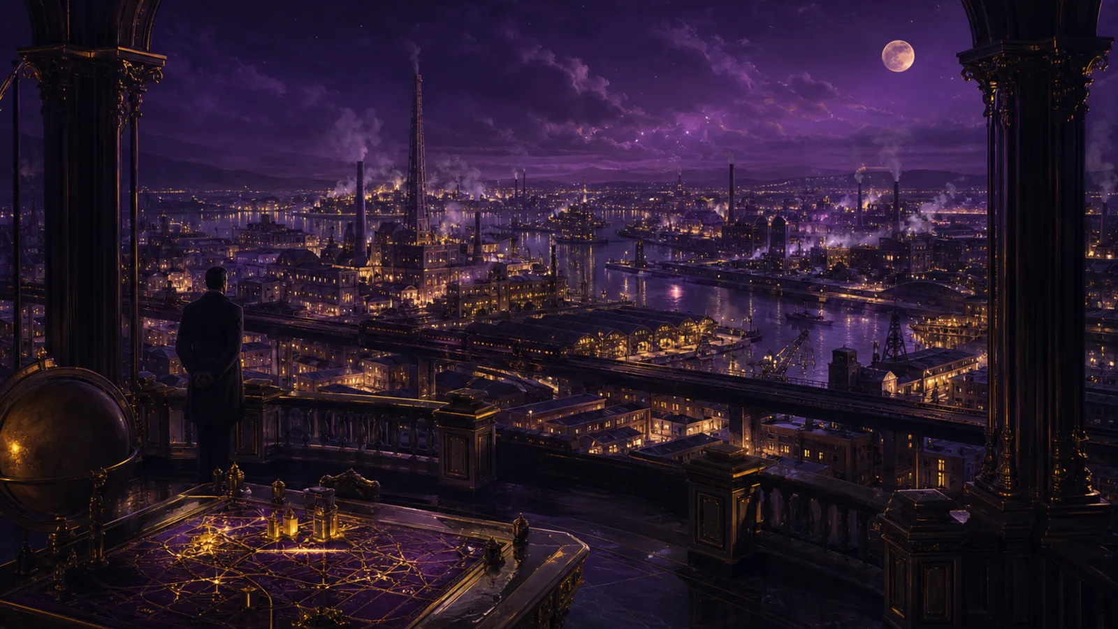 Original artwork of an industrial city viewed from a strategic planning gallery.