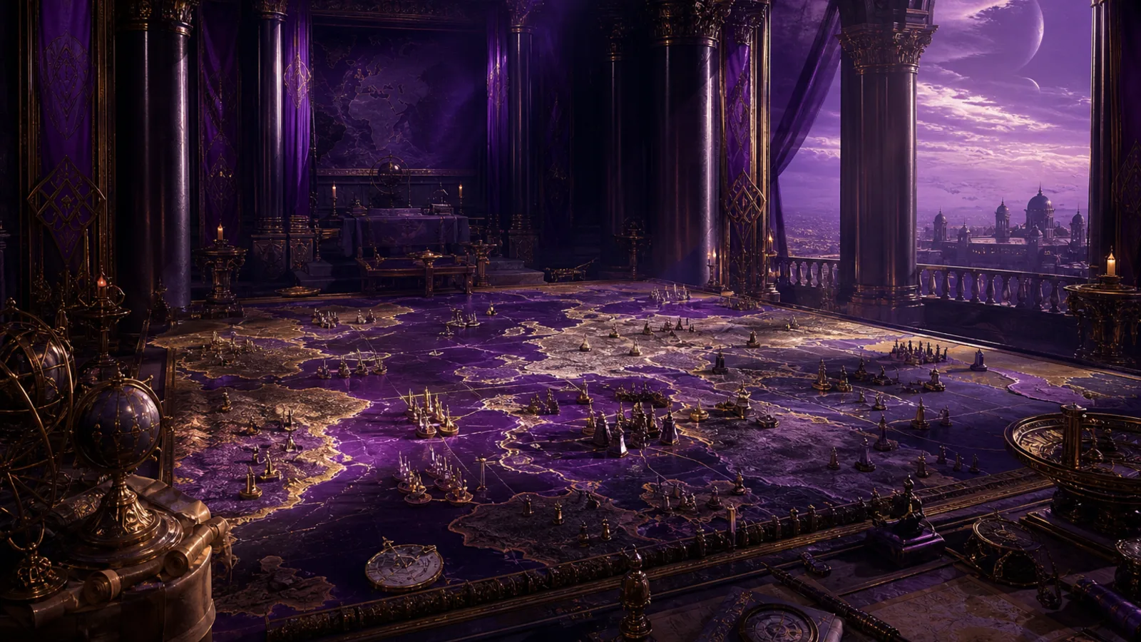 Original artwork of an imperial strategy chamber and illuminated world map.