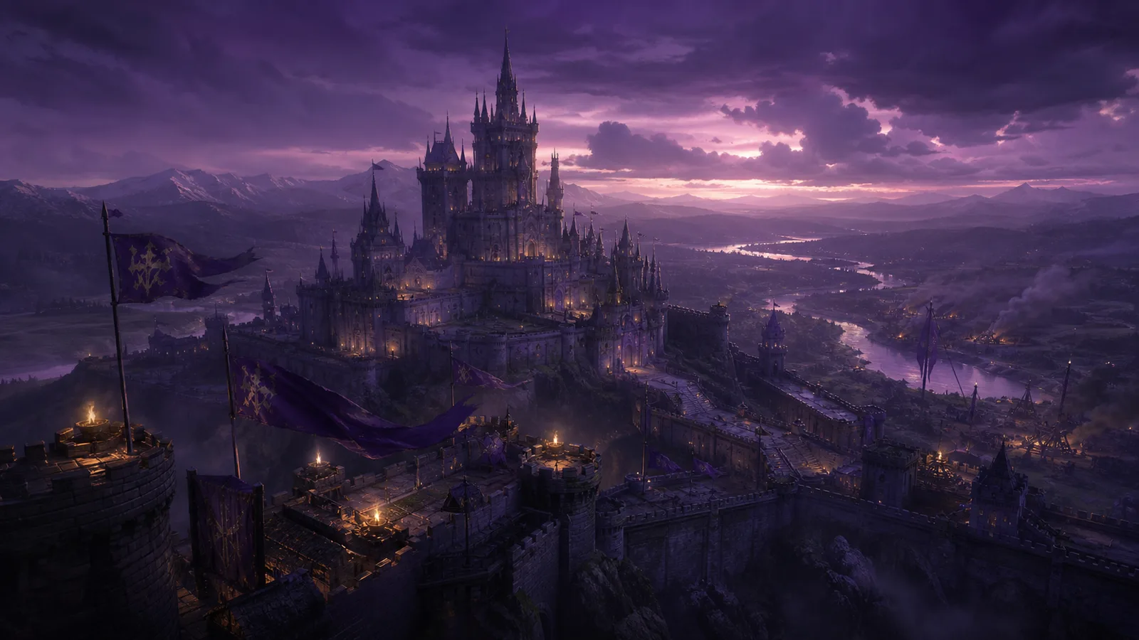 Original artwork of a fortified medieval kingdom at purple twilight.